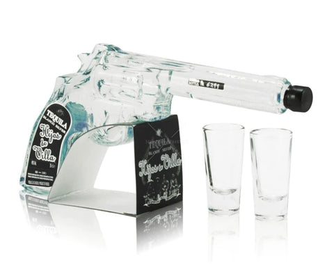 Hijos De Villa Blanco Tequila Revolver with two shot glasses